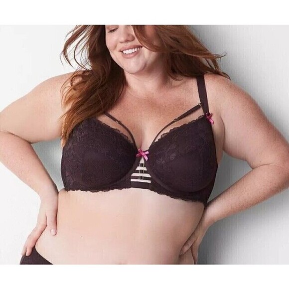 Cacique Lace Unlined Curvy Balconette Bra 46C Chocolate Plum Brown Pink - Picture 1 of 9